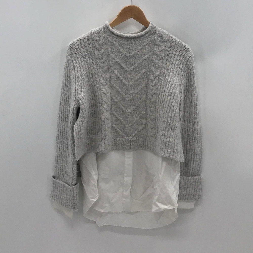All Saints women’s grey wool alpaca blend white cotton underlay layered sweater